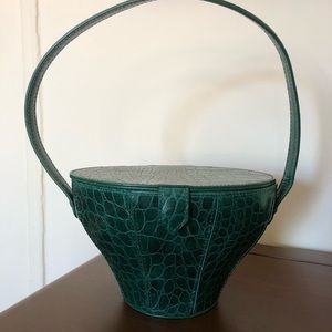 STAUD Alice Bag in Green Croc Leather